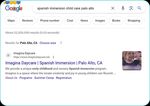 Google search result showing Imagina Daycare listing for Spanish immersion child care in Palo Alto, CA.